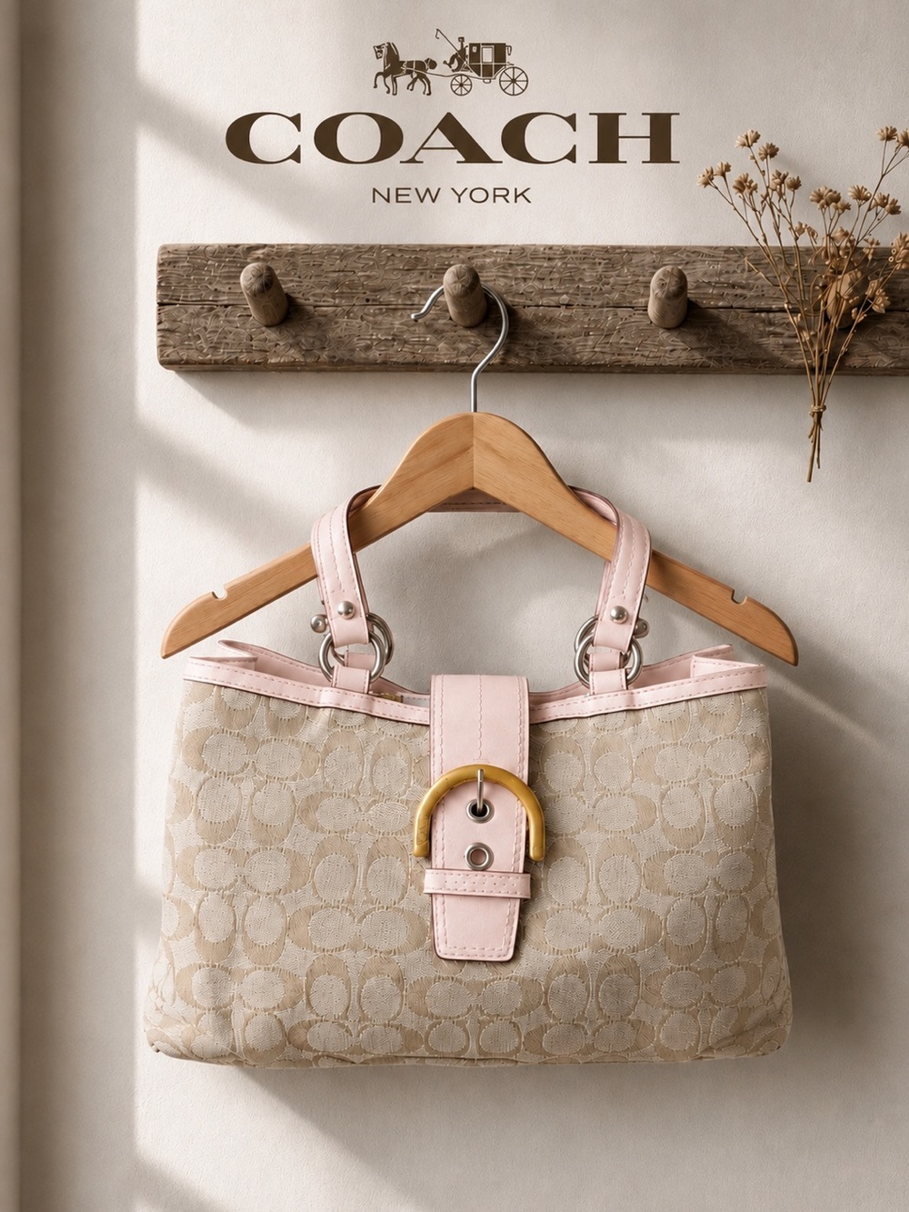 COACH East West SoHo Tote Cream Canvas Light Pink Trim